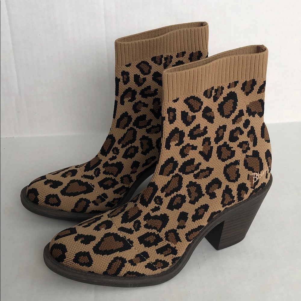 Blowfish Malibu Cheetah Print Pull-on Knit Chunky Heel Ankle Booties 7.5 - Picture 3 of 7